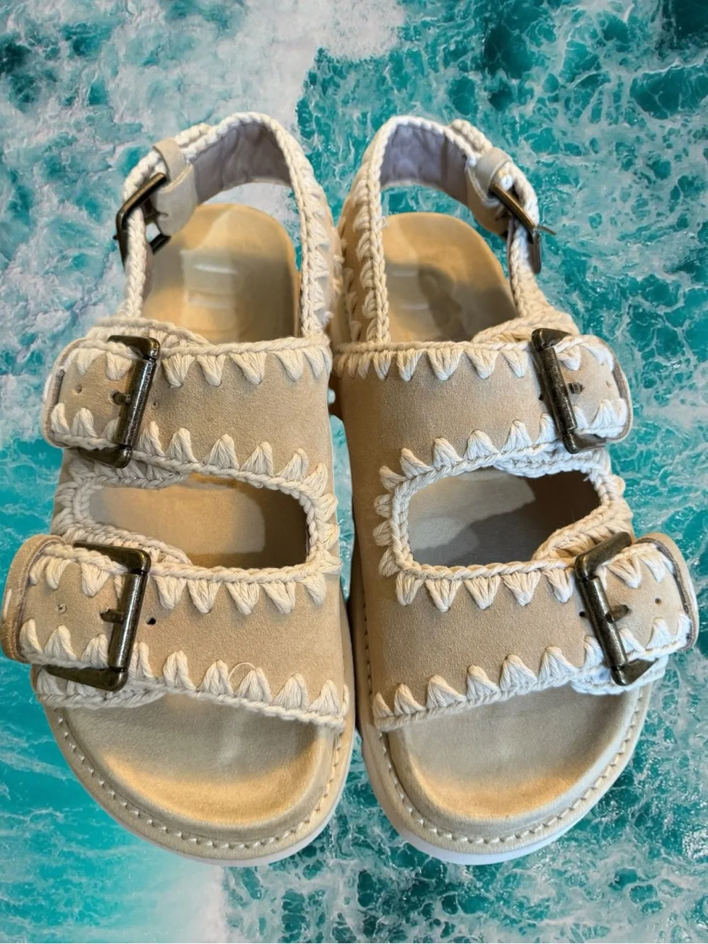 NIB MOU Bio Crochet Suede Buckle Sandals Platform Footbed Slingback Size 39